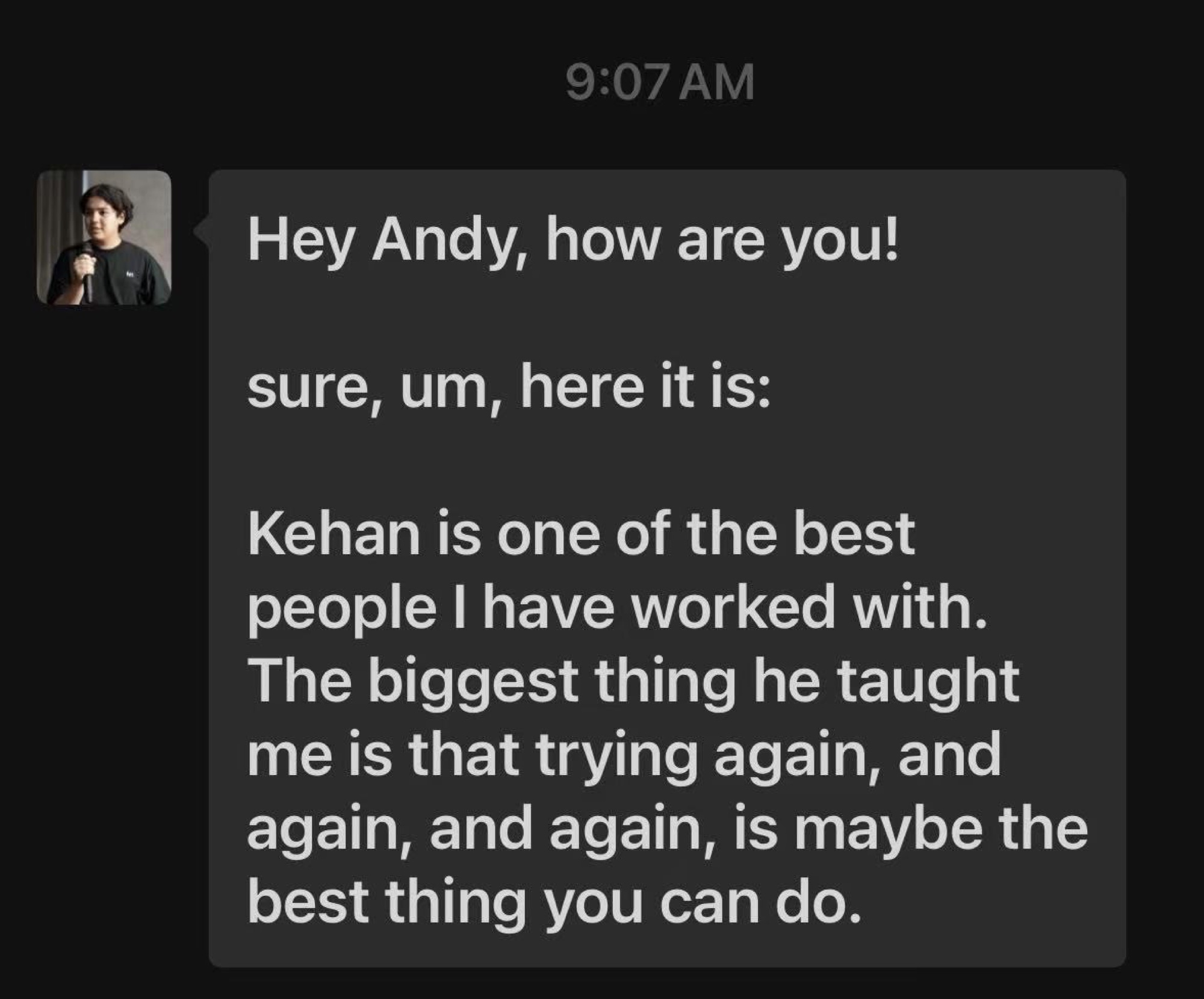 A message describing how Kehan encouraged someone to keep trying