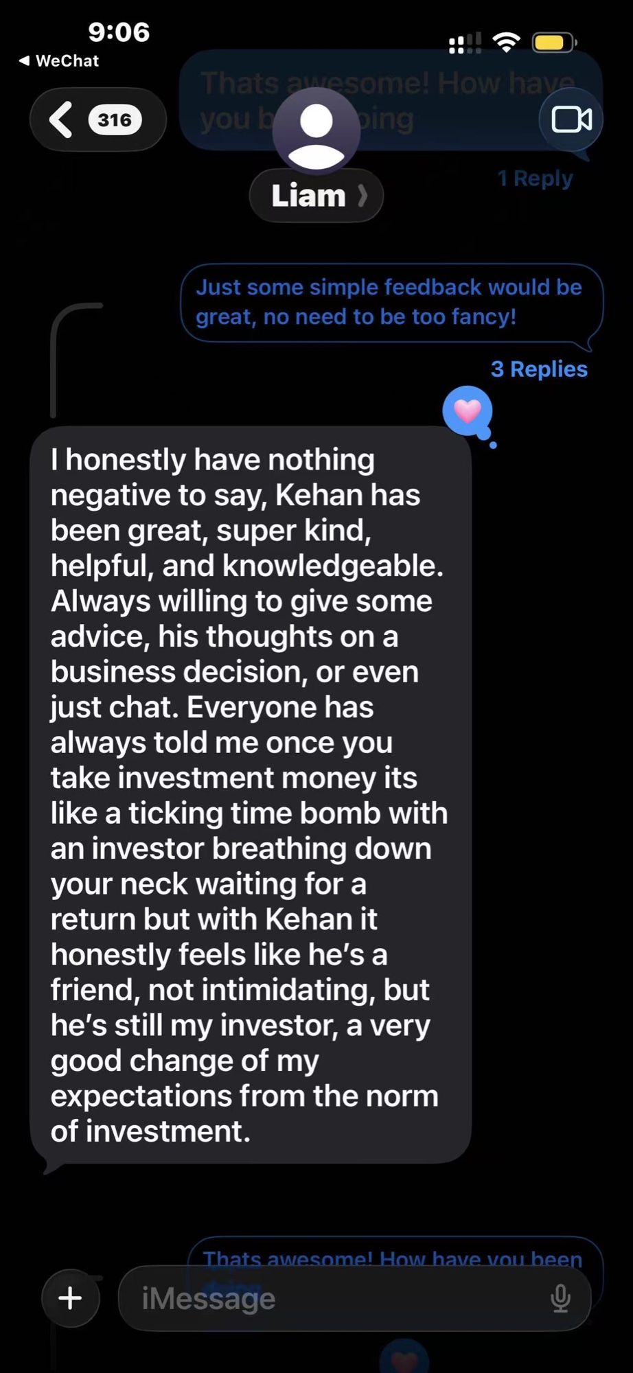 A message from Liam describing Kehan as kind, helpful, knowledgeable, and supportive
